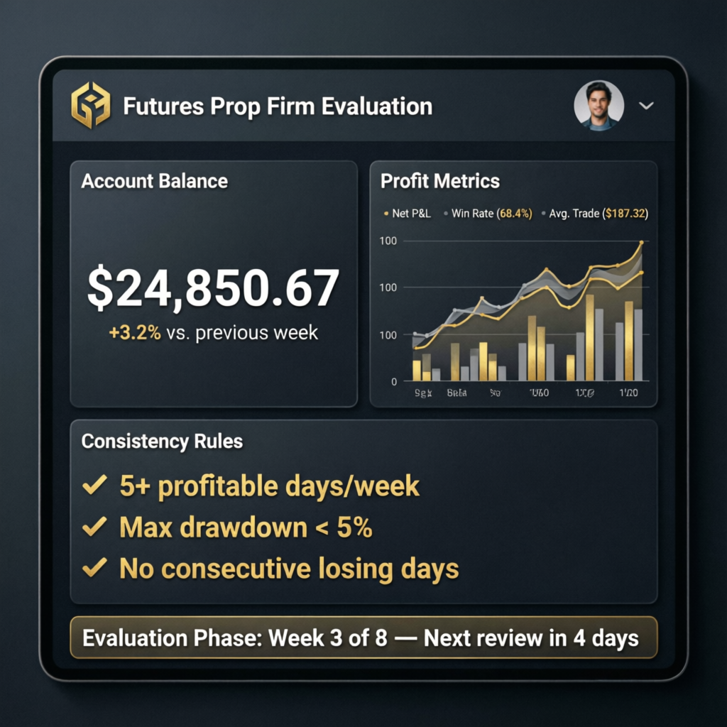 Futures prop firm evaluation dashboard showing account balance and profit metrics