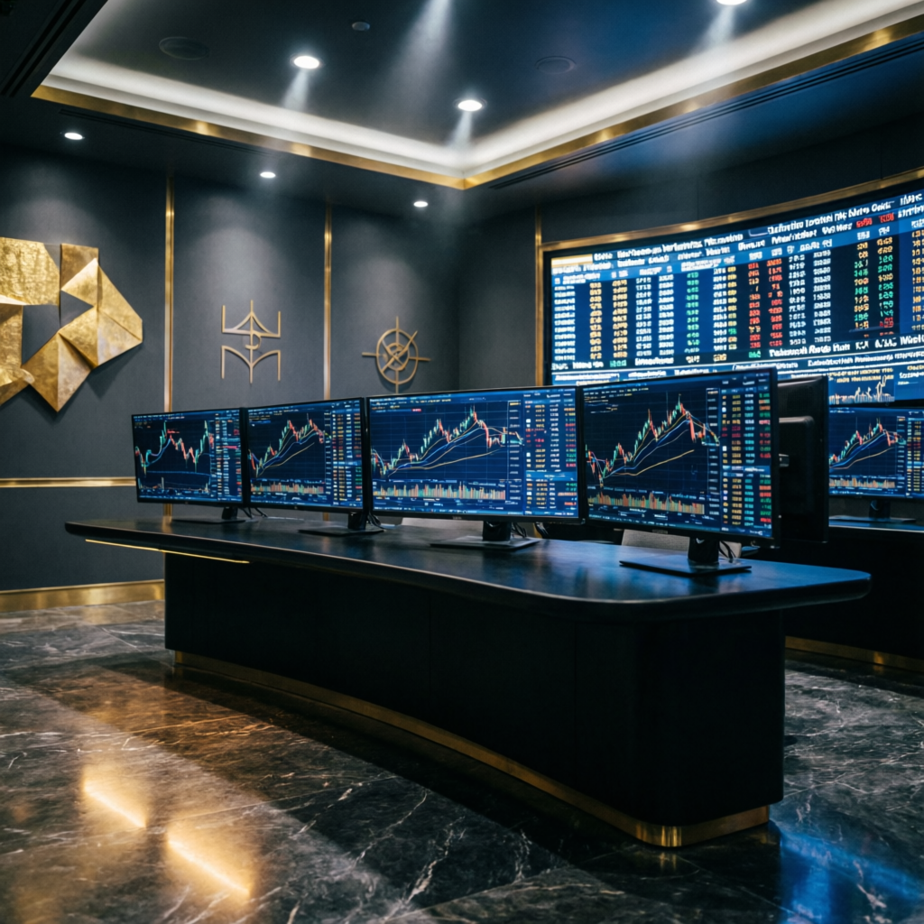 Professional Wall Street trading floor with multiple monitors showing futures charts