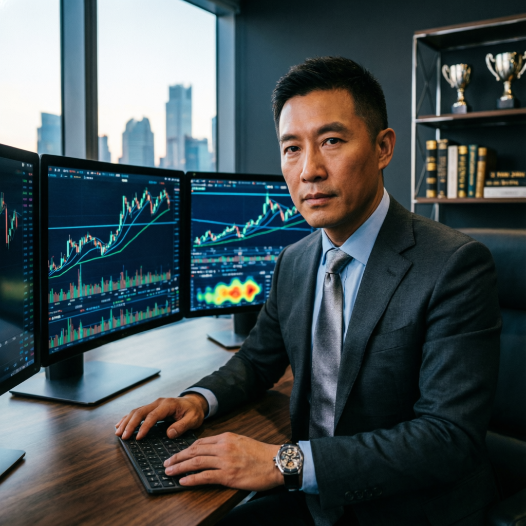 Professional forex trader analyzing futures charts at multi-monitor trading desk