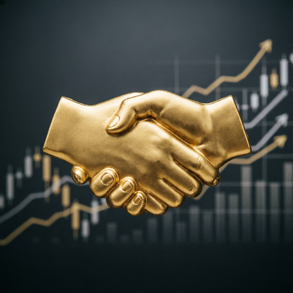 Golden handshake representing trust and partnership in prop firm services