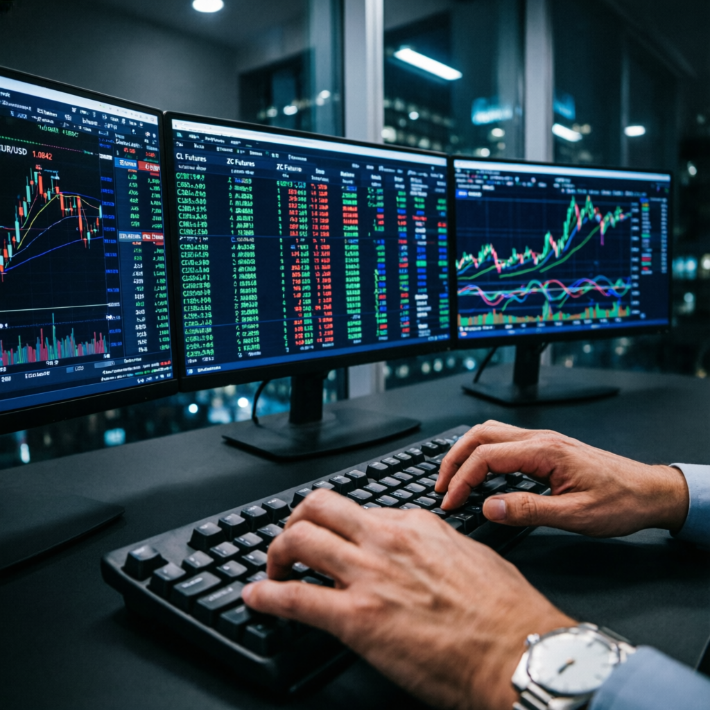 Professional trader hands on keyboard with multiple futures trading charts