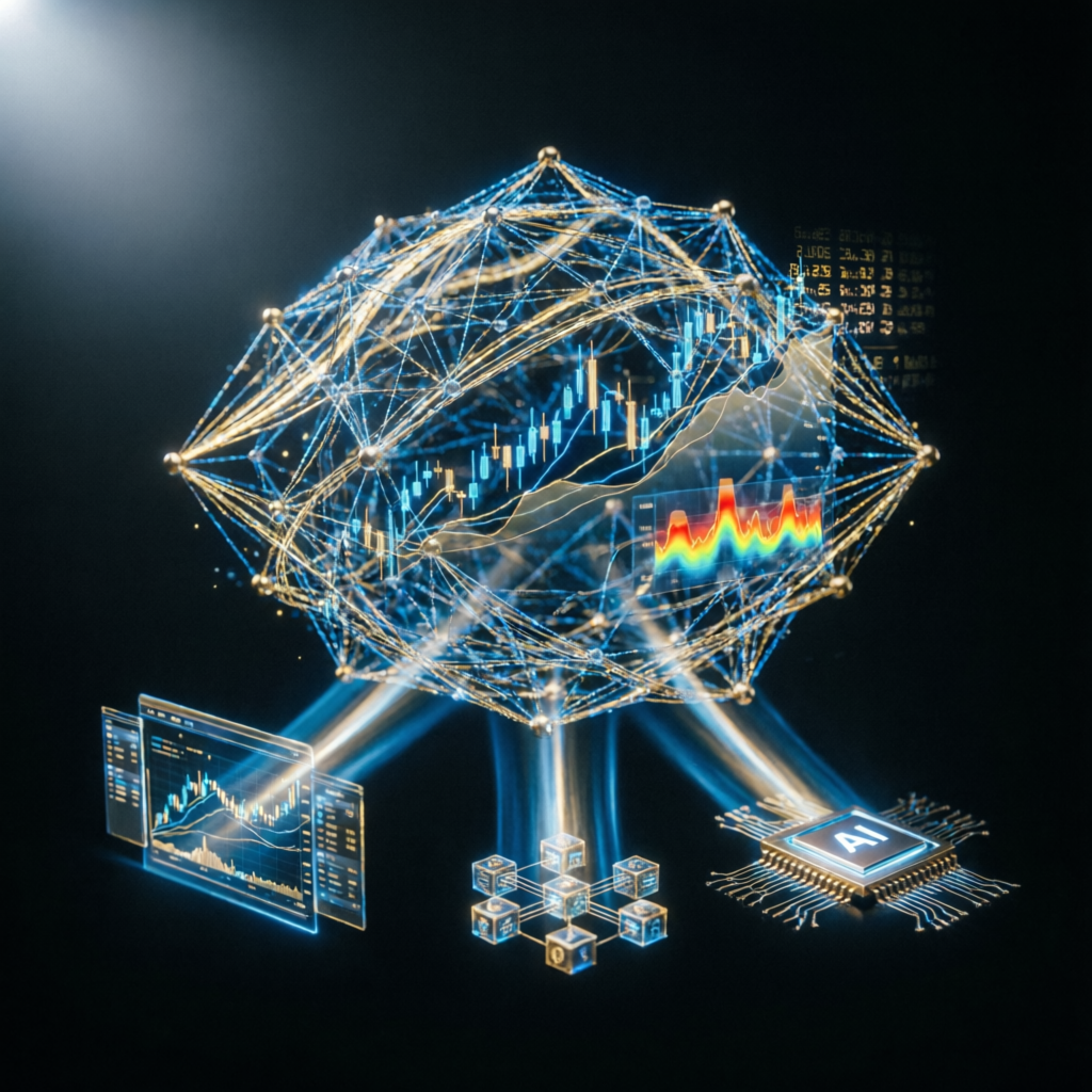 Advanced AI trading technology with neural network and financial data visualization