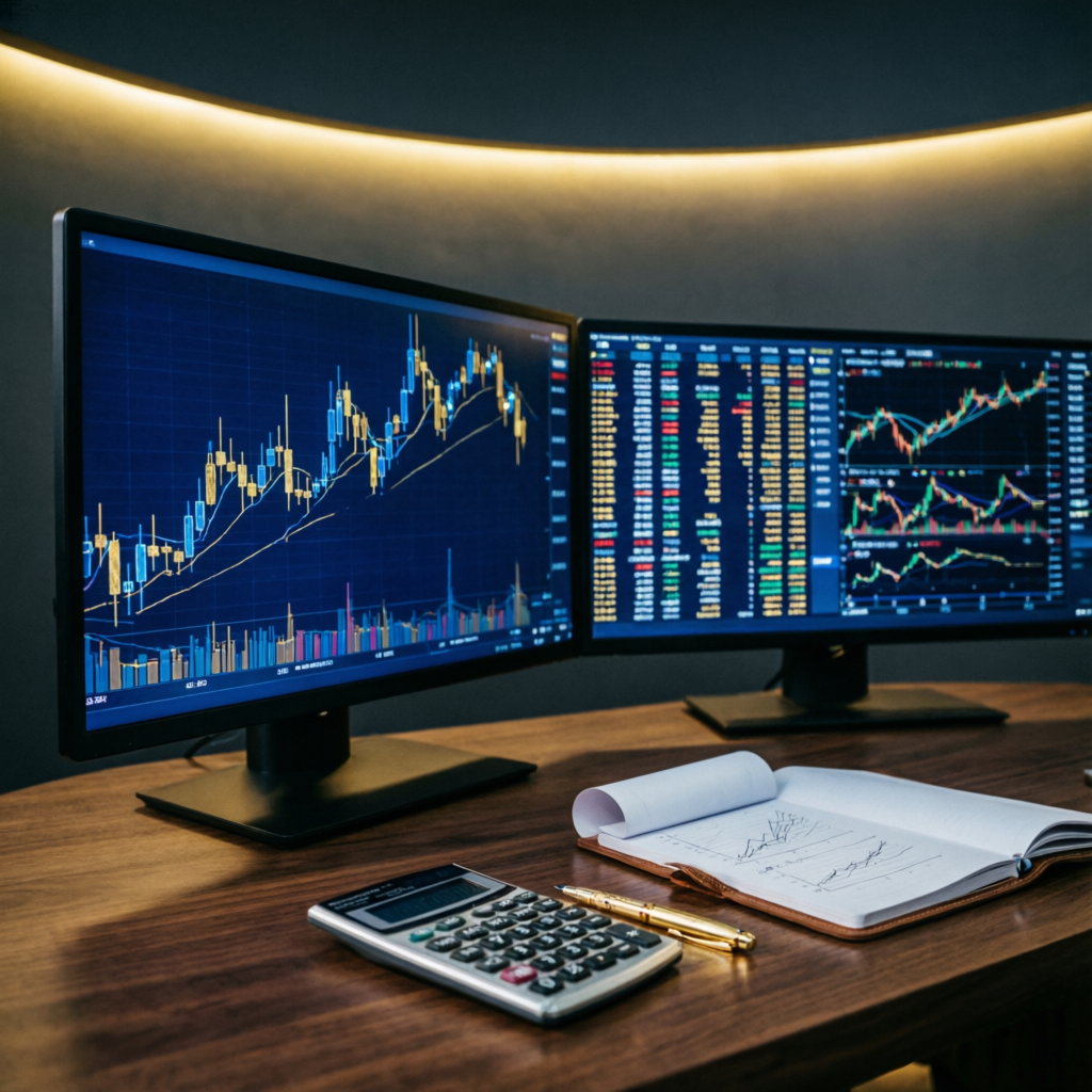 Futures trading analysis with candlestick charts and premium dark finance aesthetic