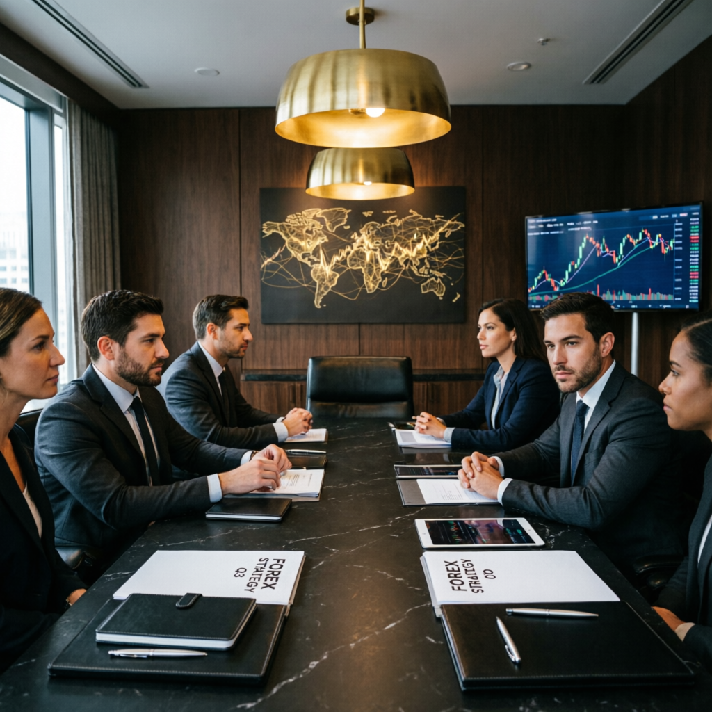 Professional forex account management team meeting in luxury boardroom