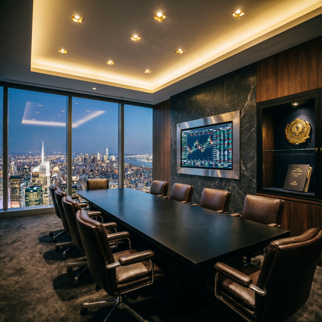 Luxury Wall Street corporate boardroom with trading charts and city skyline view