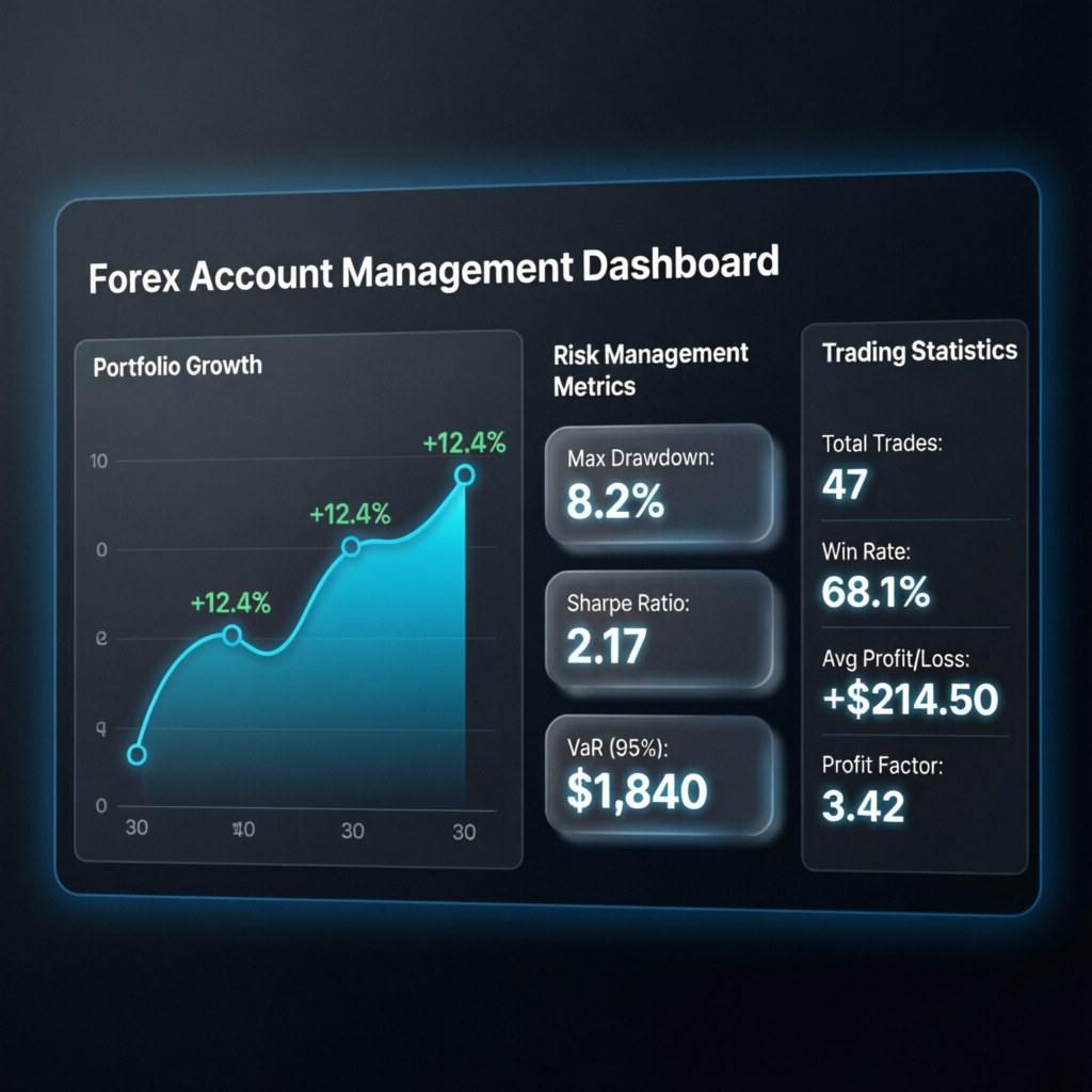 Forex Account Management Dashboard showing portfolio growth and risk metrics - PFM Capitals