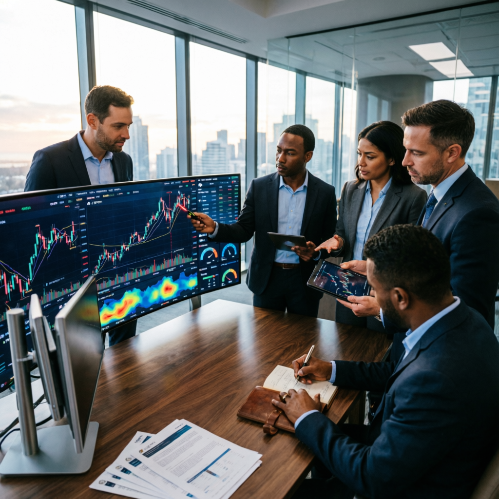 Professional trading team analyzing market data - PFM Capitals expert traders managing prop firm challenges