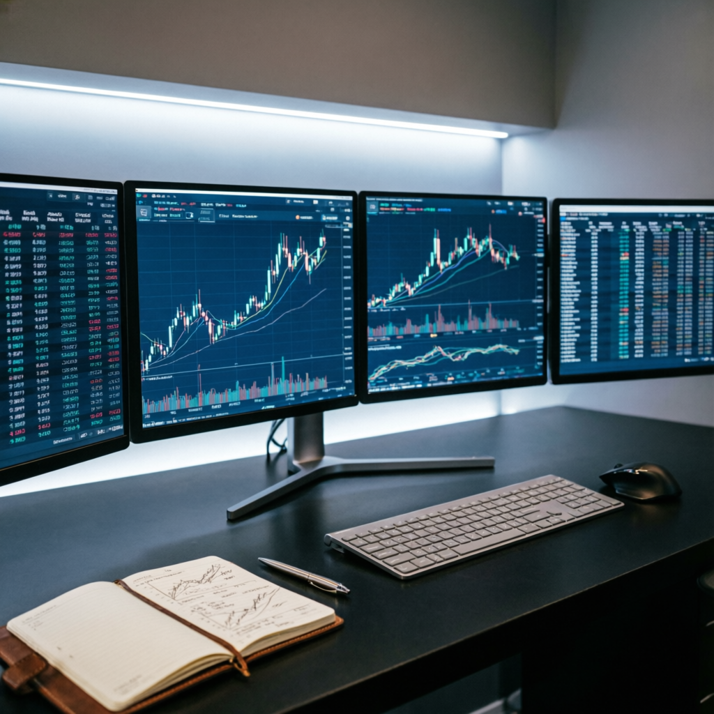 Professional trading desk with multiple monitors showing forex charts - PFM Capitals Prop Firms Passing Service