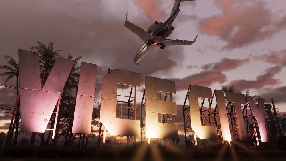 GTA VI screenshot ufficiale: insegna Vice City con aereo al tramonto