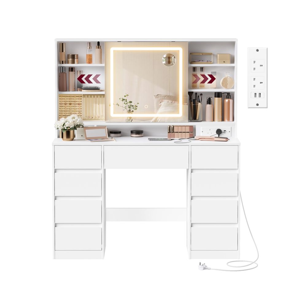 VASAGLE toeletta KAILYN bianca con specchio LED e cassetti