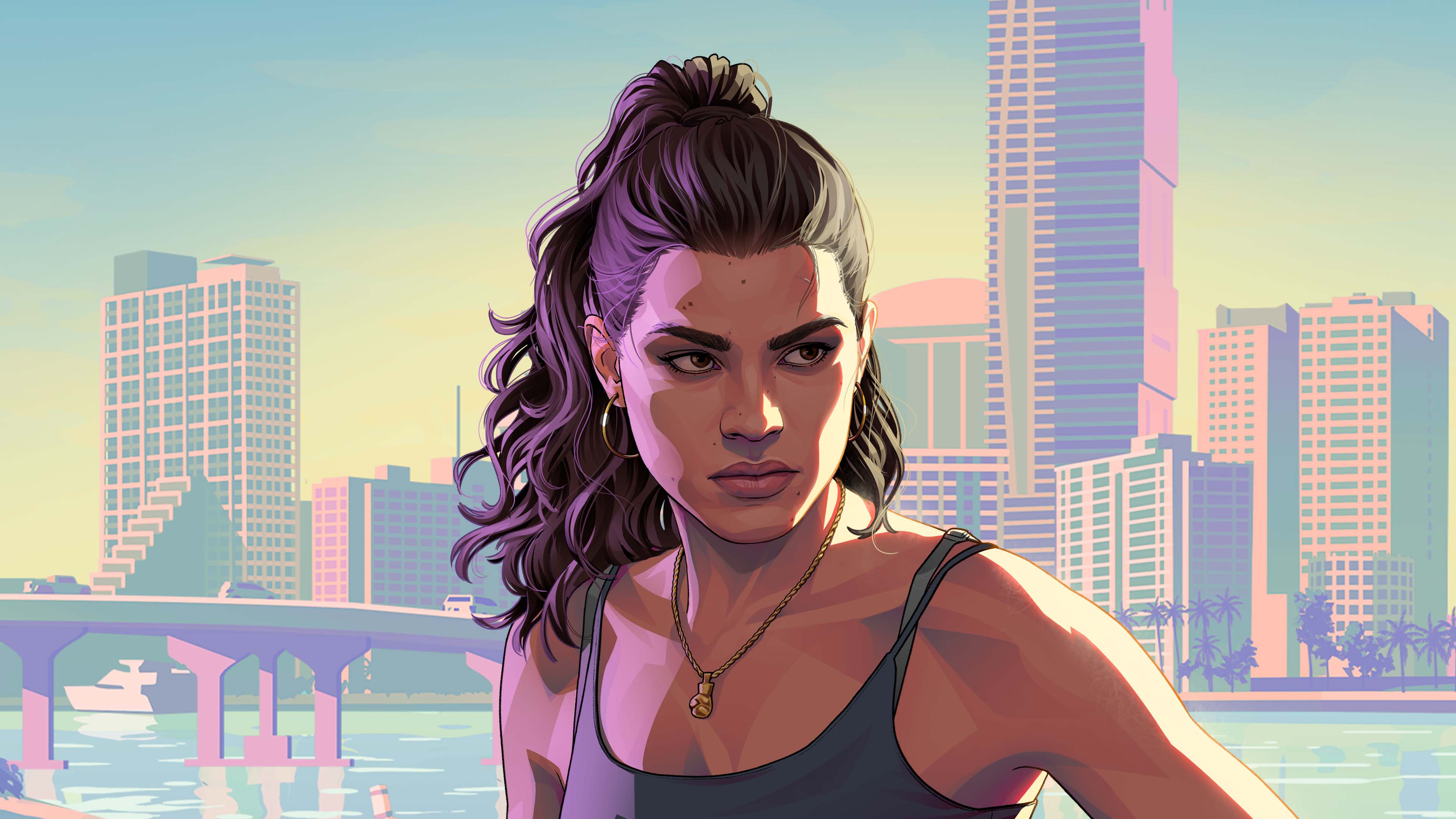 GTA VI key art ufficiale con Lucia e lo skyline di Vice City