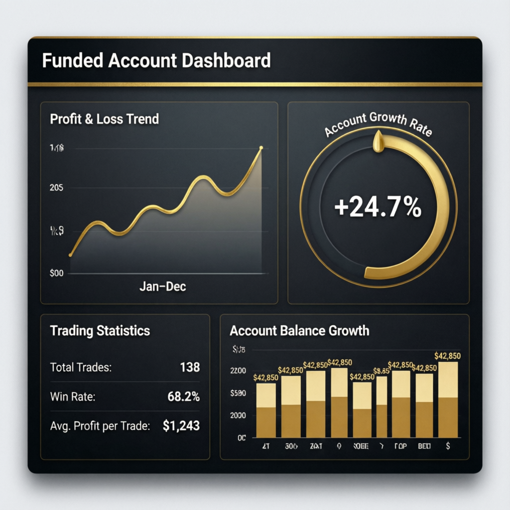 Funded Account Dashboard showing profit and loss trends, account growth rate, and trading statistics