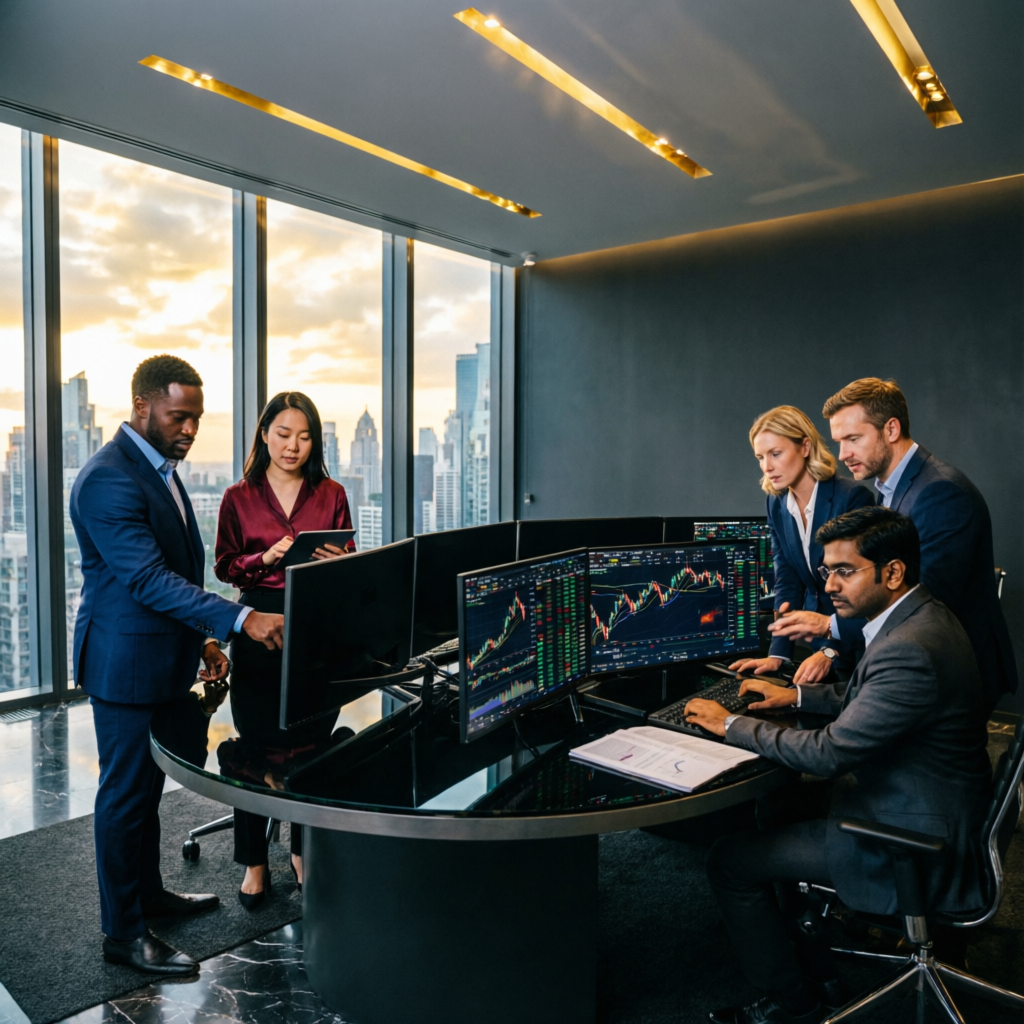 PFM Capitals Professional Trading Team working in modern trading office
