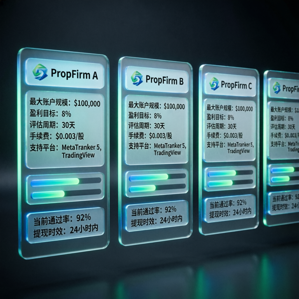 Prop firm comparison dashboard showing multiple trading platforms