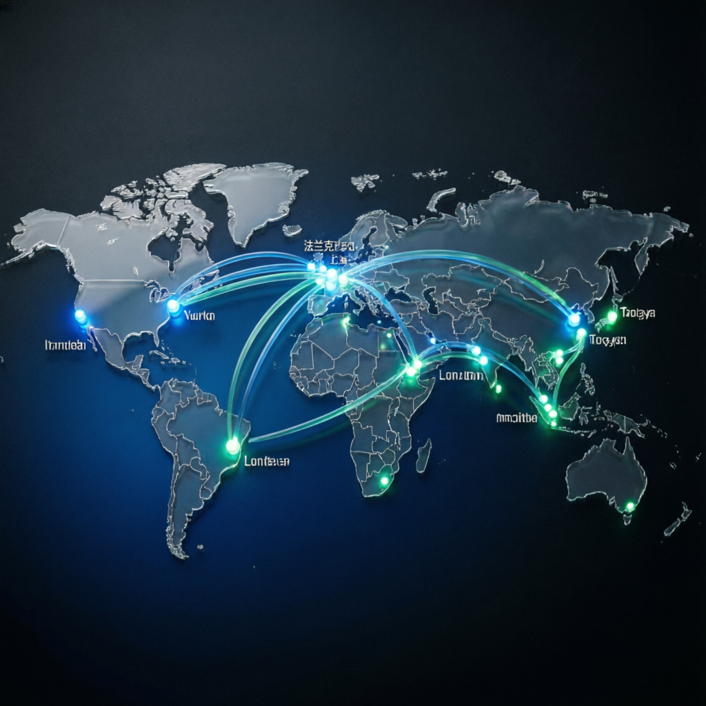 Global trading network visualization showing worldwide prop firm services