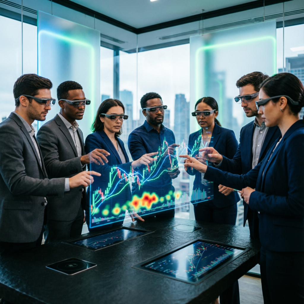 Professional trading team collaborating on Apex funded account strategies