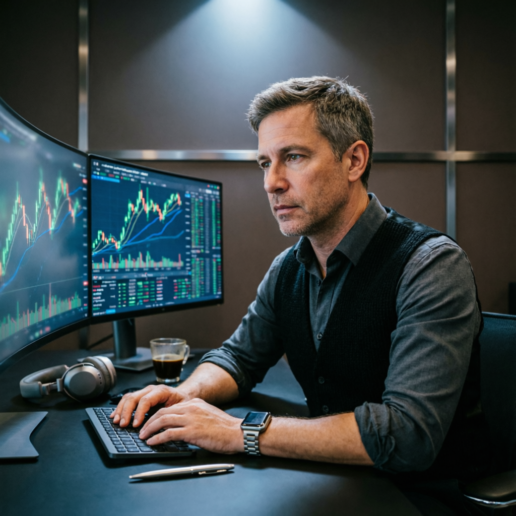 Professional forex trader using Apex funded account with multiple trading screens