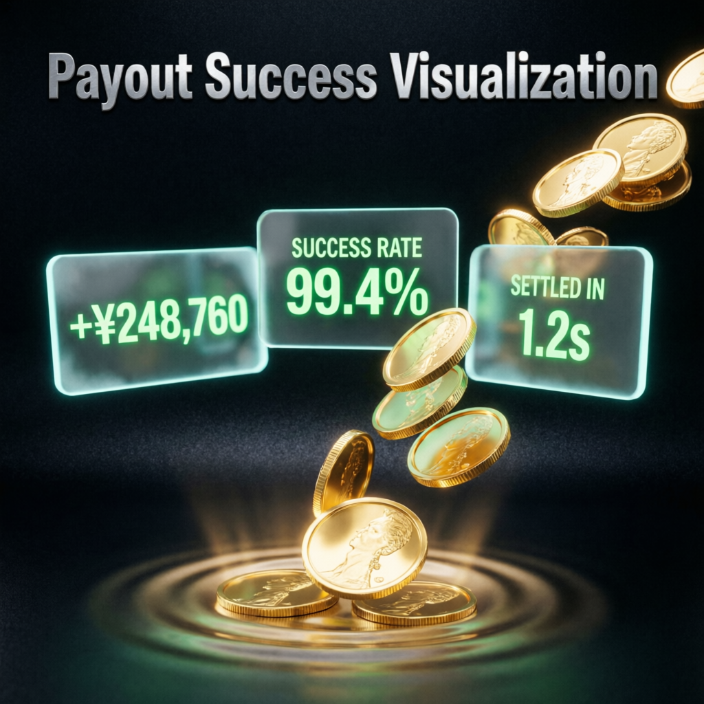 Payout success visualization with gold coins and profit metrics