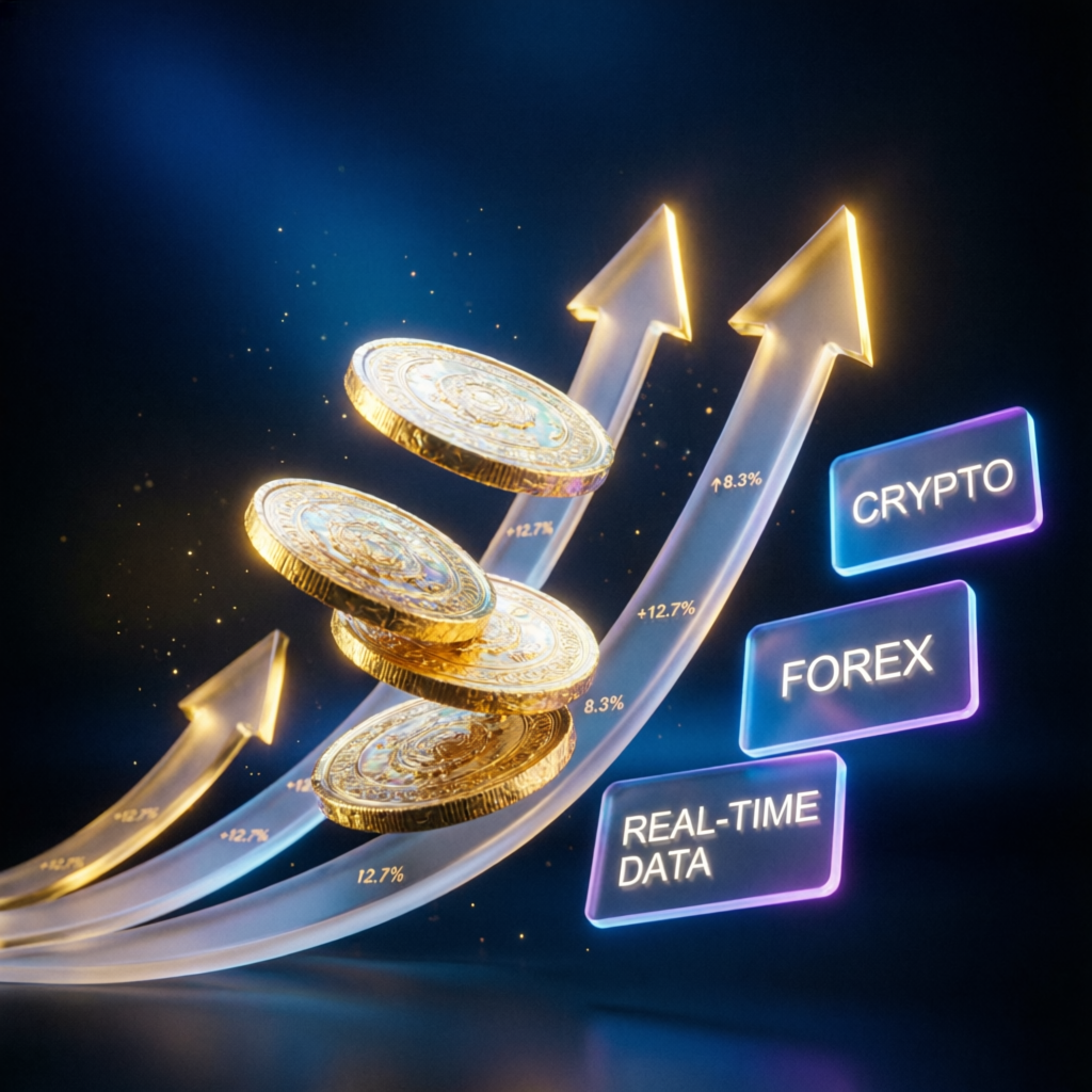 Financial growth visualization with gold coins and rising charts representing funded account profits