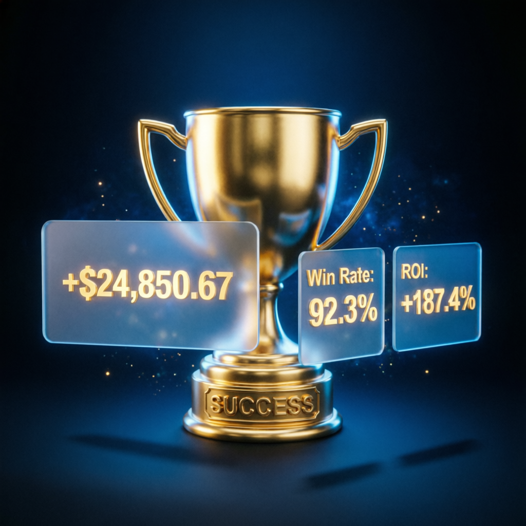Trading success trophy with profit metrics showing funded account achievement