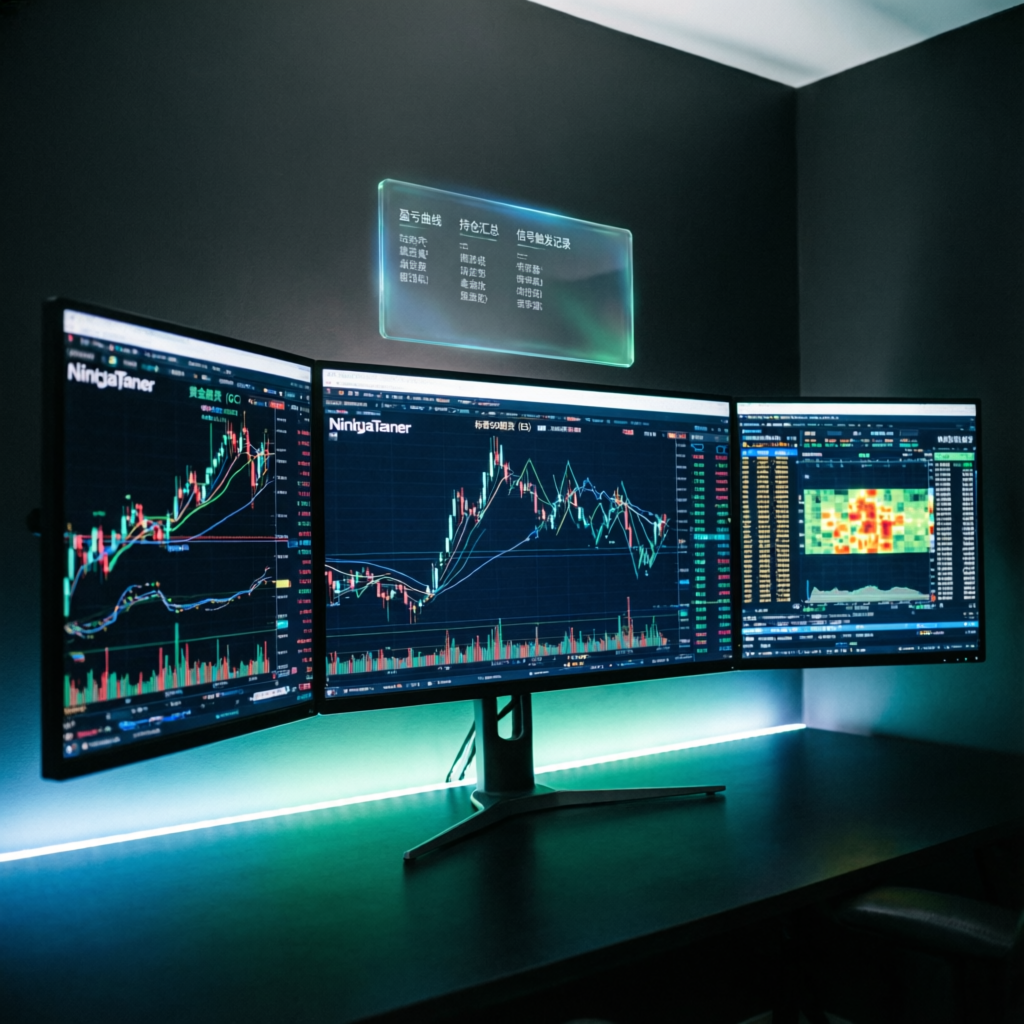 Professional trading setup with NinjaTrader platform on multiple monitors