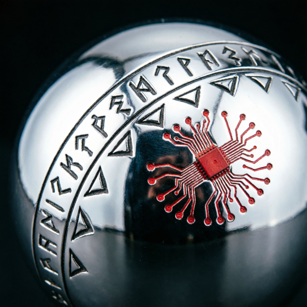Detalle real de la Esfera de Buga: banda de glifos grabados y circuito rojo sobre la superficie de metal espejado.