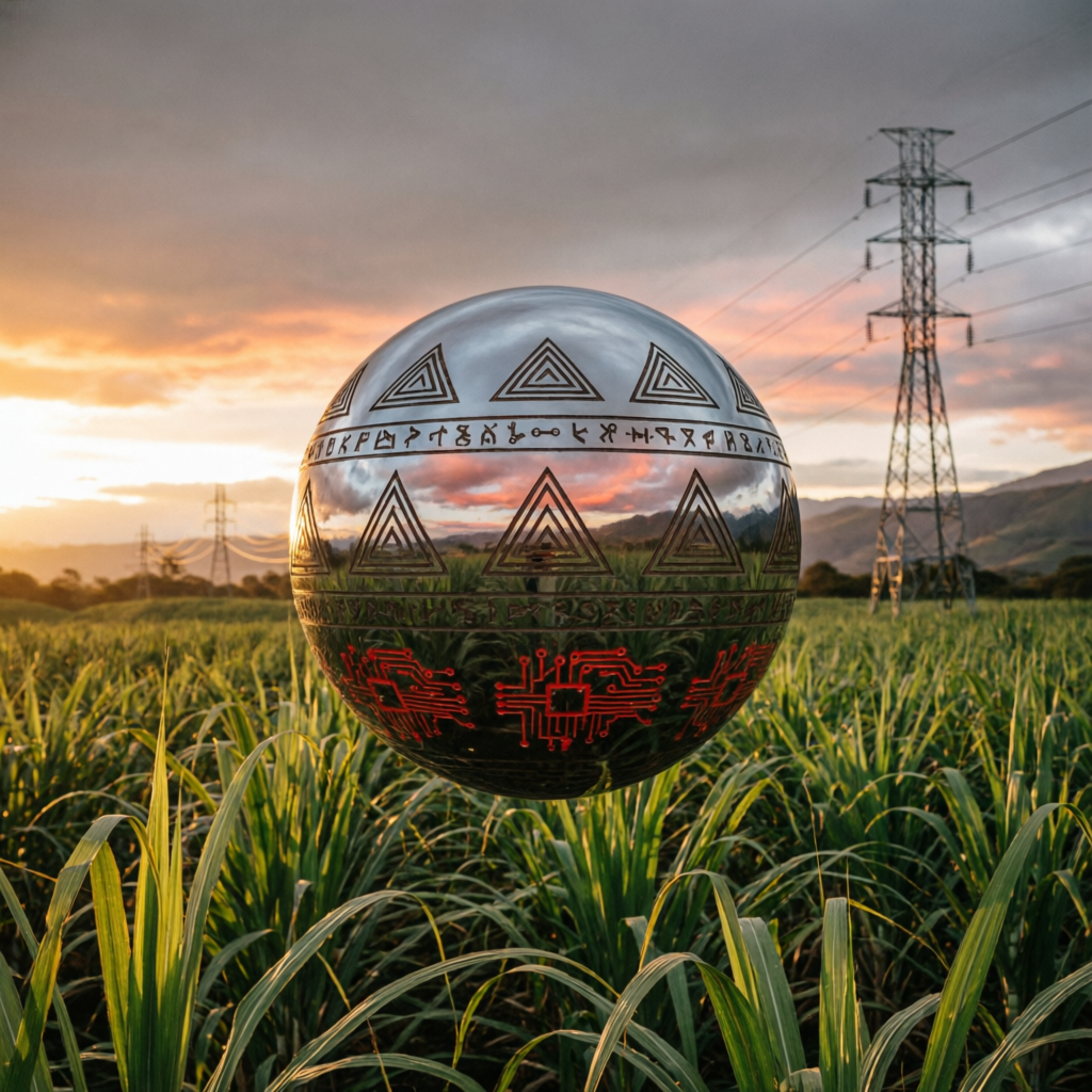 La esfera levitando sobre los campos del Valle del Cauca al atardecer, con torres eléctricas al fondo.