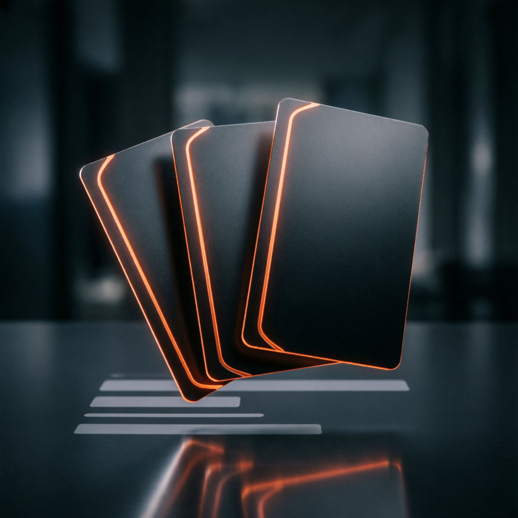 Virtual Card — premium black digital cards with orange edge light over a dark dashboard