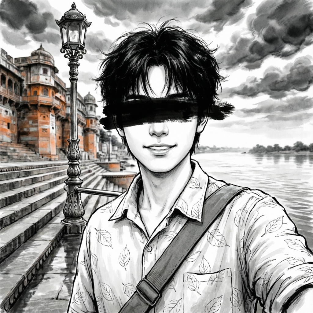 Ink-drawn portrait of Prince at a river ghat, eyes hidden behind a black brush stroke