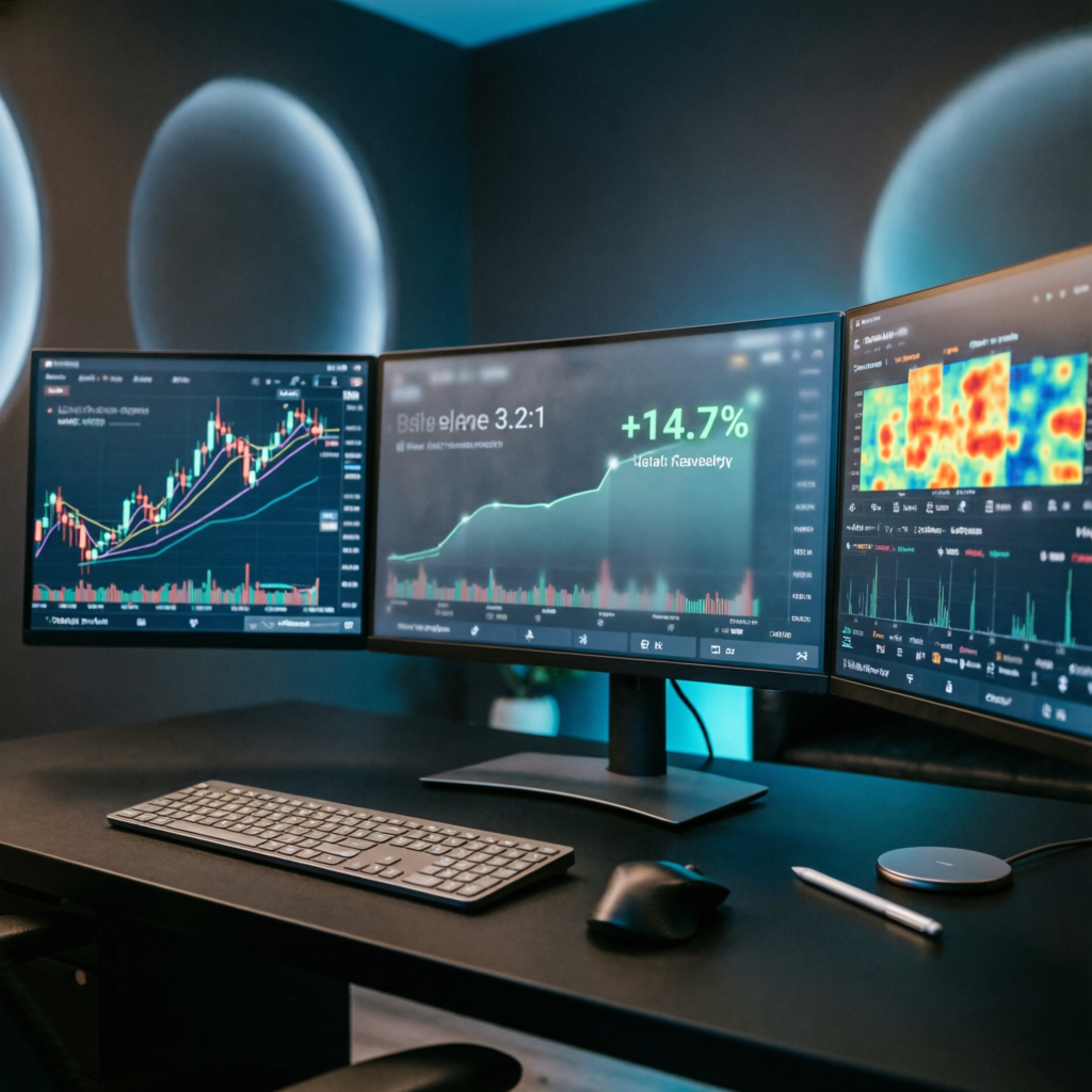 Premium trading desk setup with multiple monitors showing profitable charts