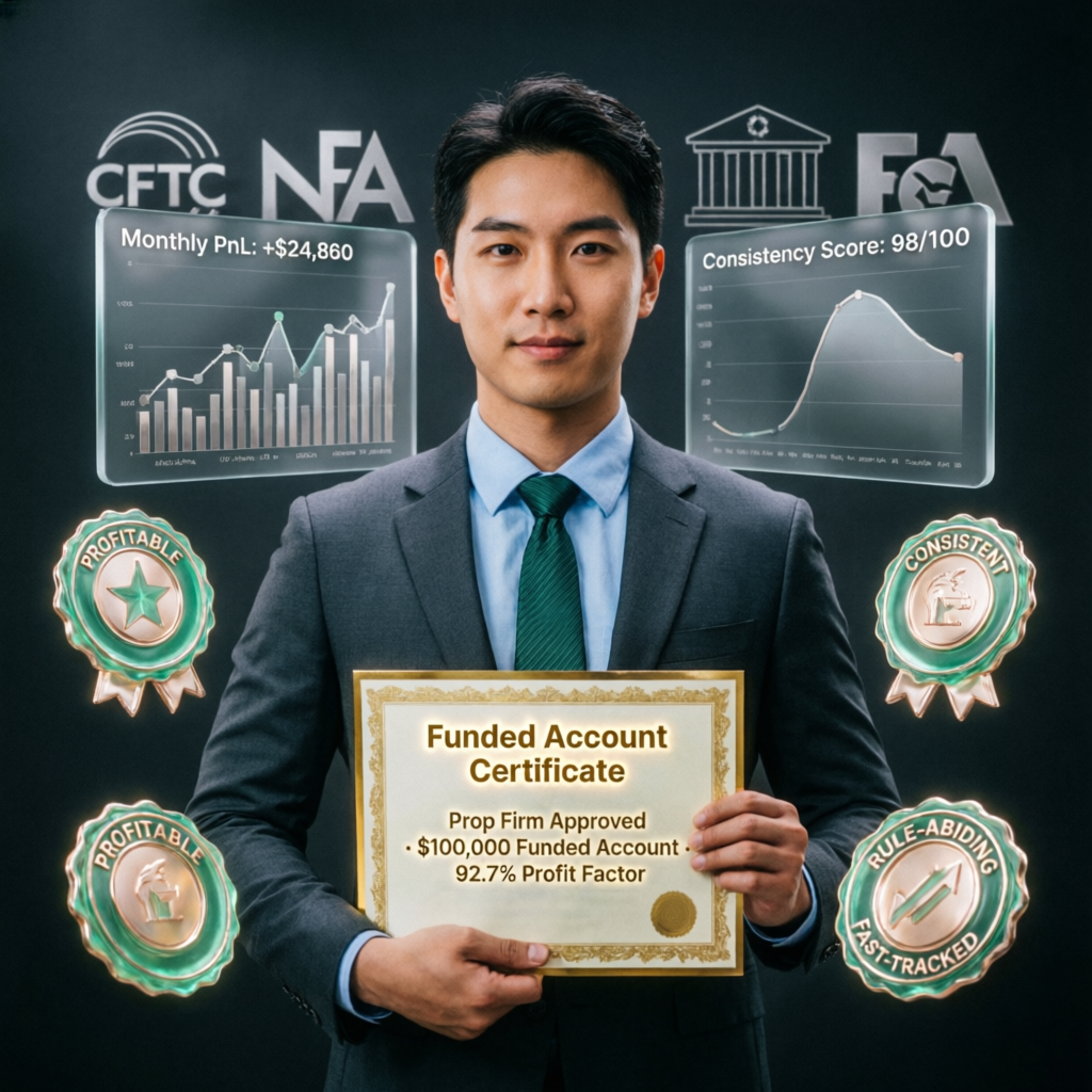 Professional trader holding funded account certificate with performance metrics