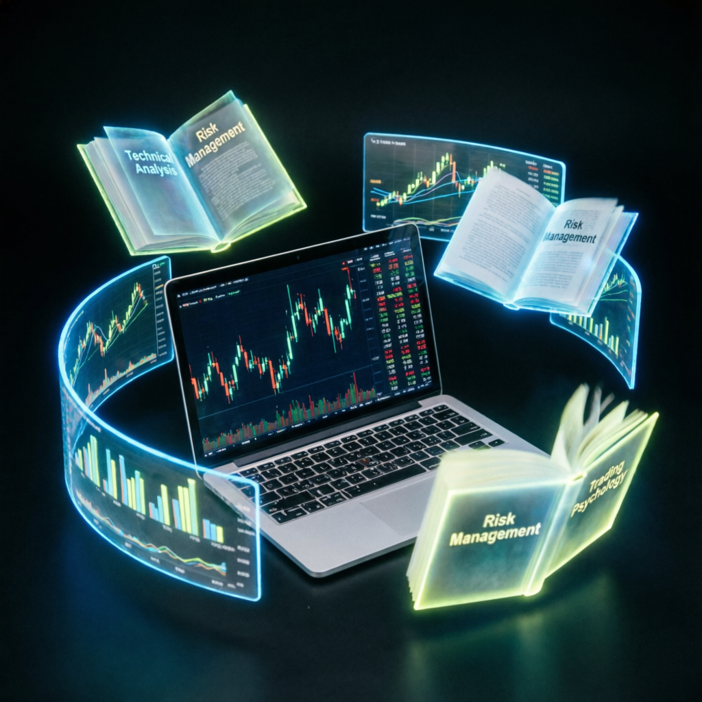 Trading education concept with books and charts surrounding laptop