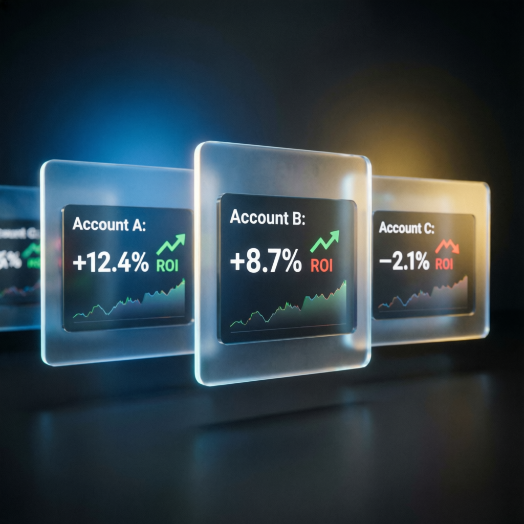 Multiple trading accounts comparison with ROI metrics