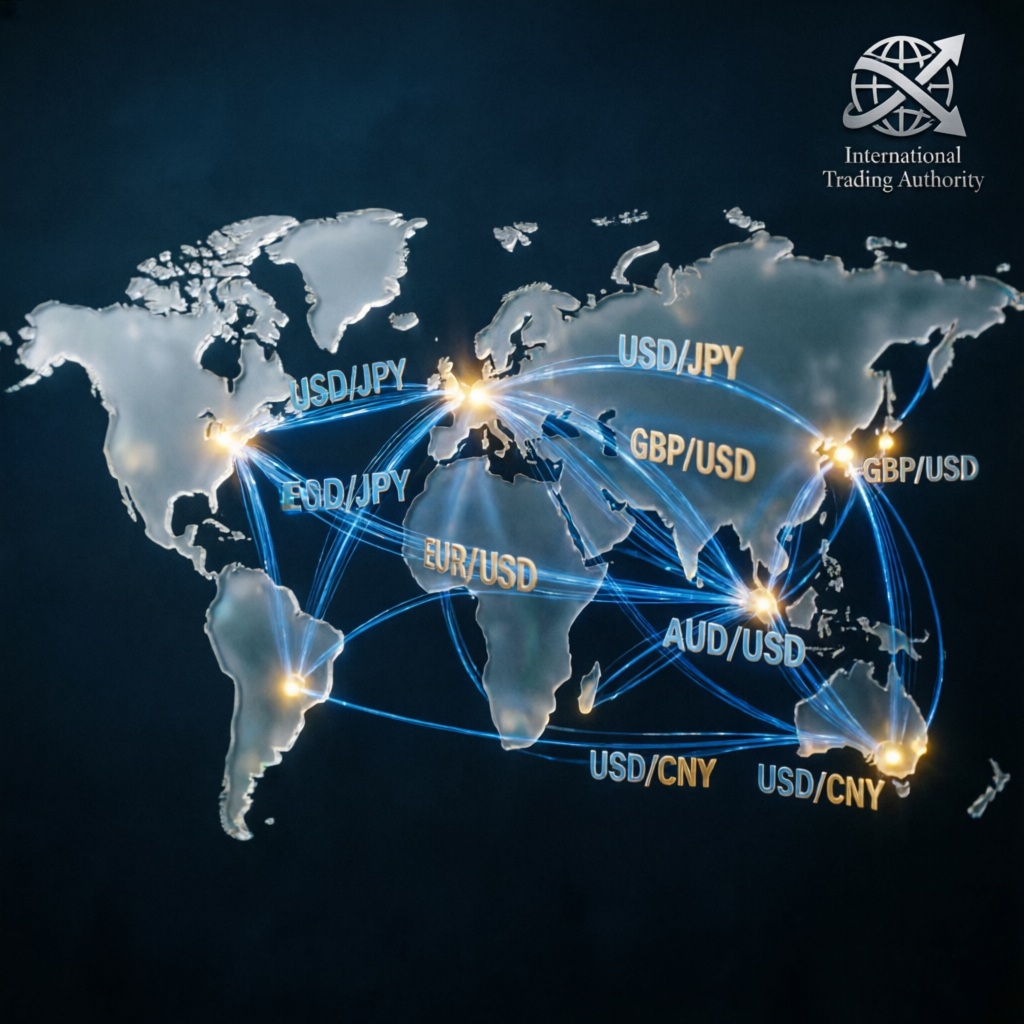 Global forex trading network with currency pairs and international connections