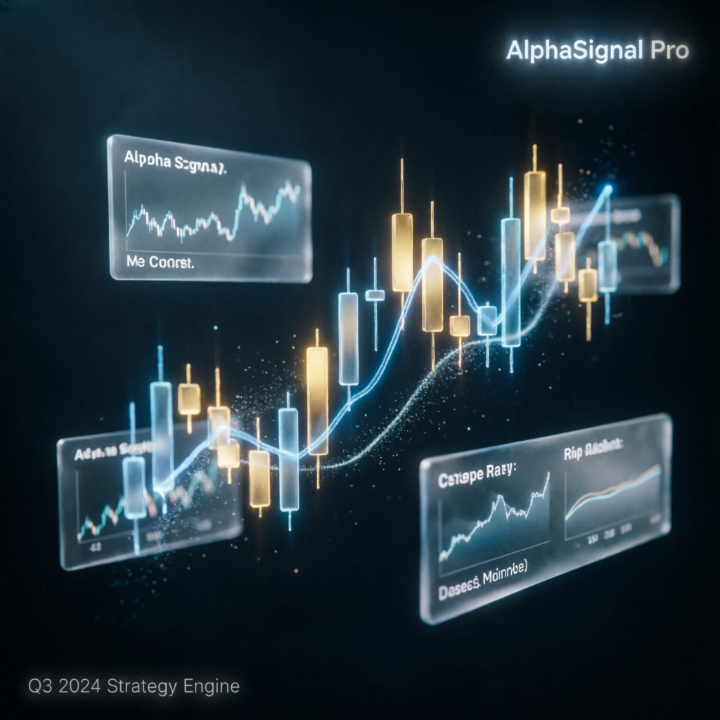 Futuristic trading strategy visualization with candlestick charts