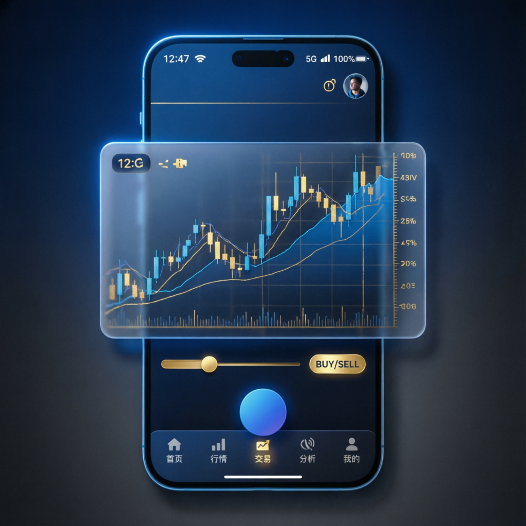 Mobile trading interface with glassmorphism design showing trading charts