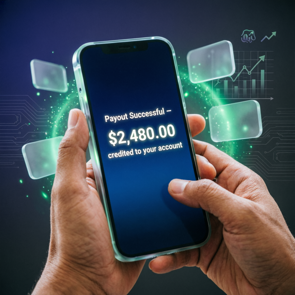 Mobile trading payout notification showing successful funded account withdrawal