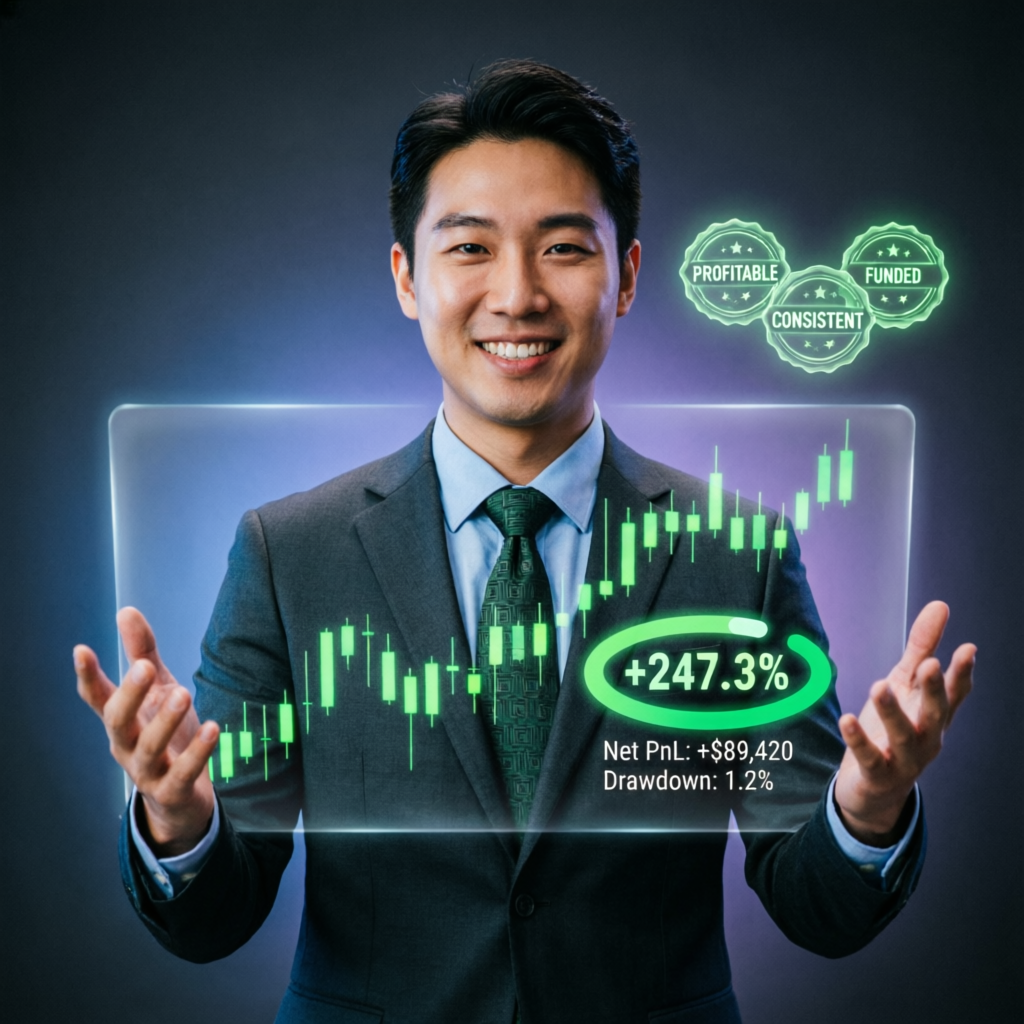 Successful funded trader with profit charts and achievement badges