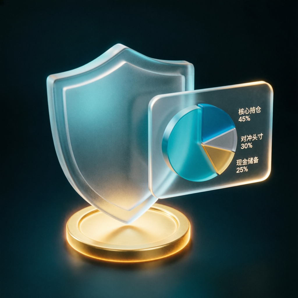 Risk management shield protecting trading capital with pie chart