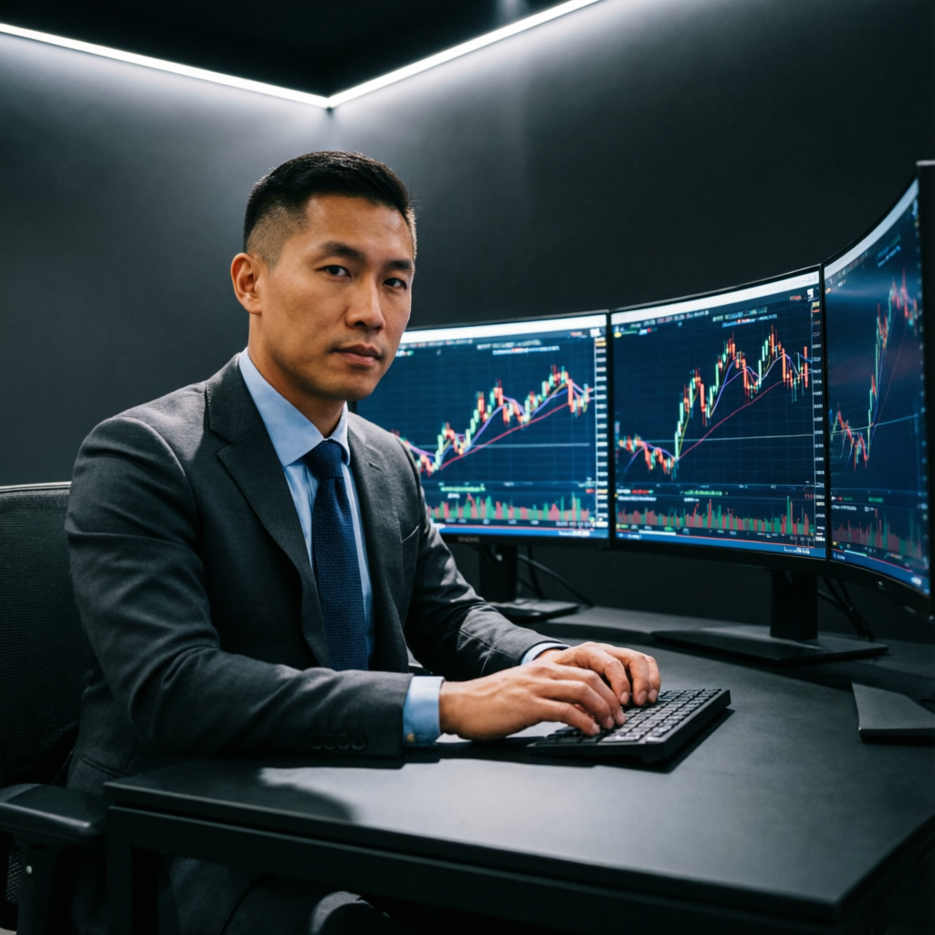 Professional forex trader at multi-monitor desk analyzing Topstep position size rules
