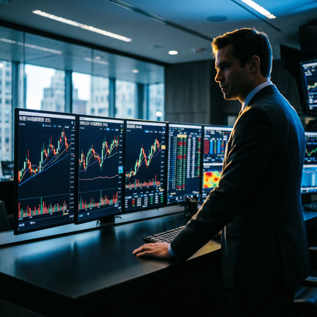 Professional trader analyzing multiple futures instruments including ES NQ Gold on Topstep platform