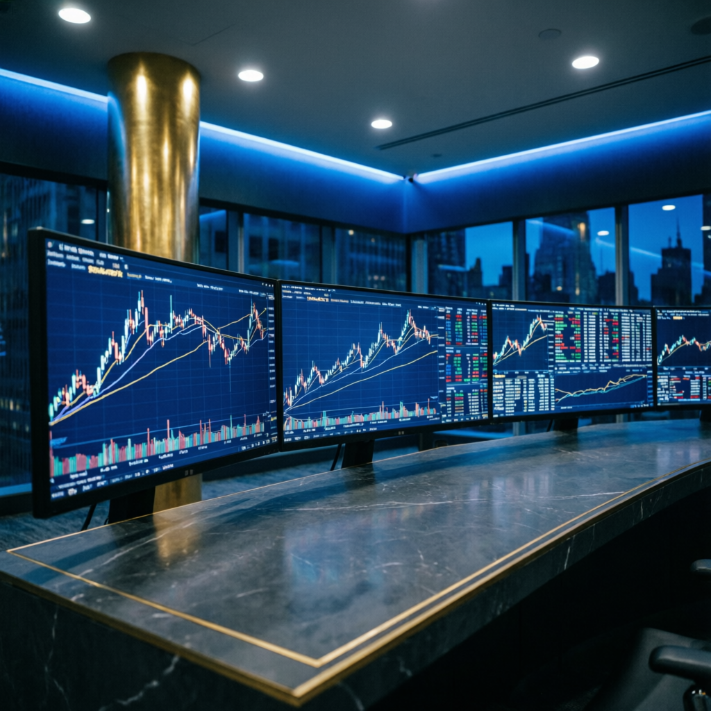 Professional Topstep trading floor with multiple monitors showing futures charts and position size rules
