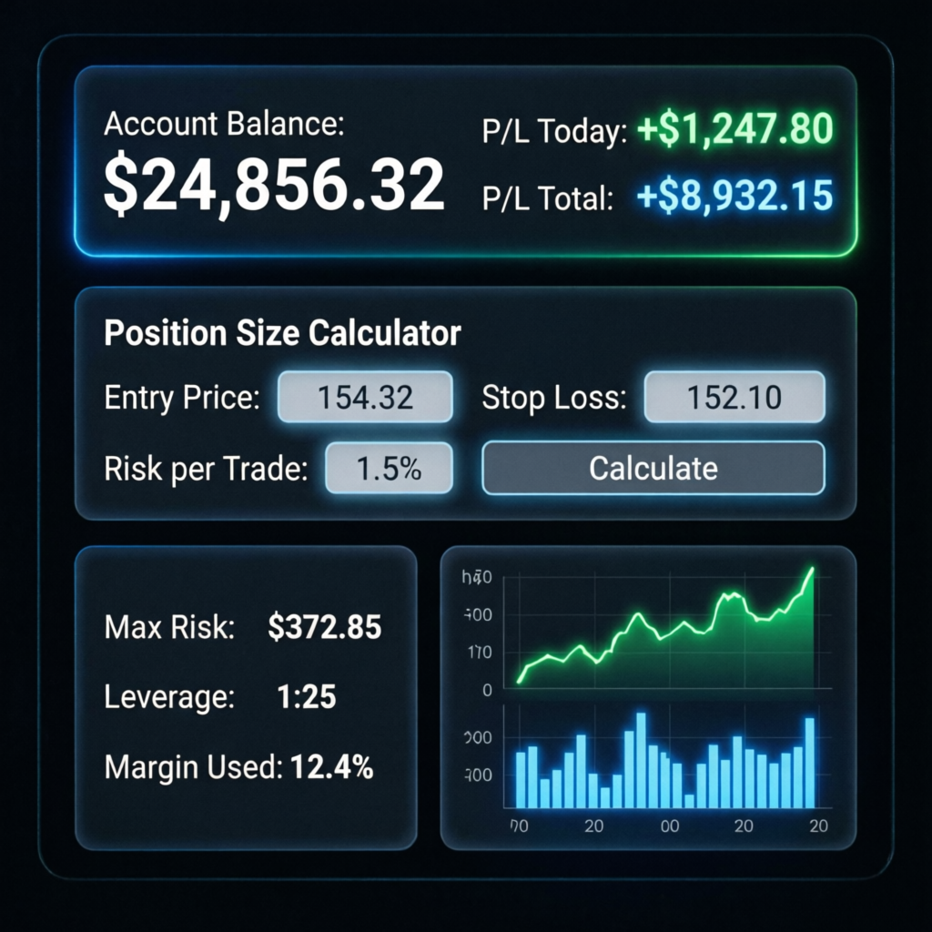 Position size calculator showing entry price, stop loss, risk percentage and margin calculations