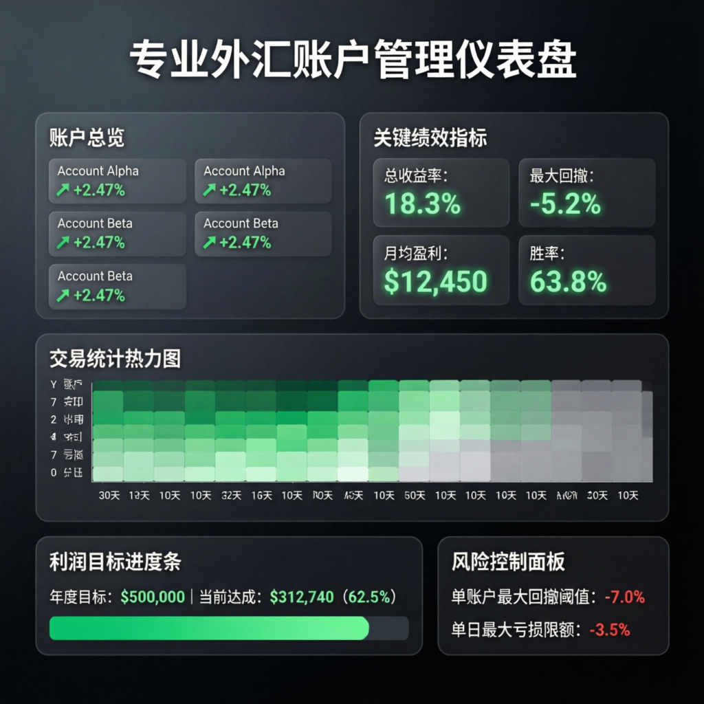 Professional forex account management dashboard showing payouts and performance metrics