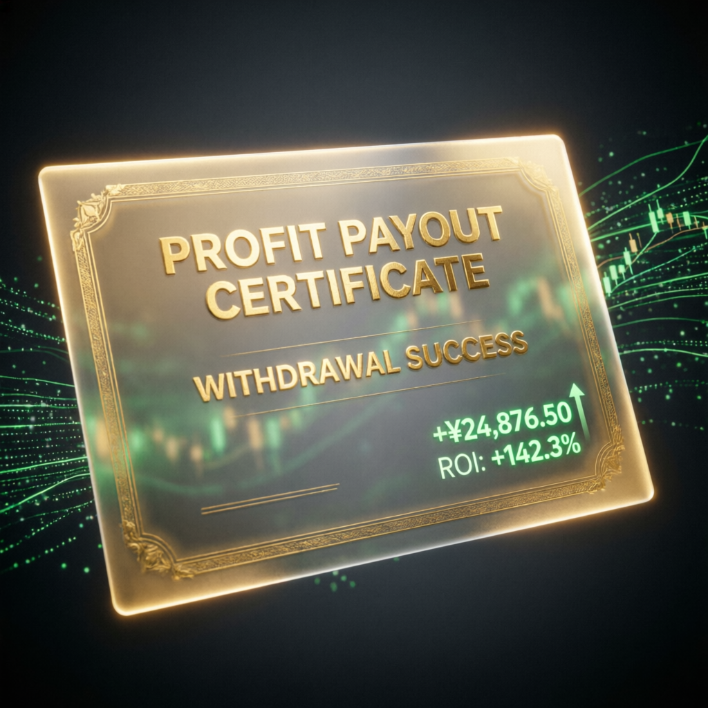 Profit payout certificate showing withdrawal success and ROI