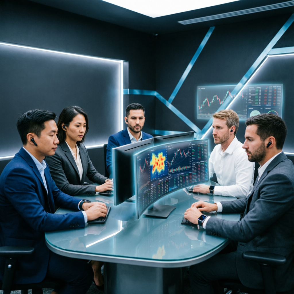 Professional forex account management team analyzing trading data