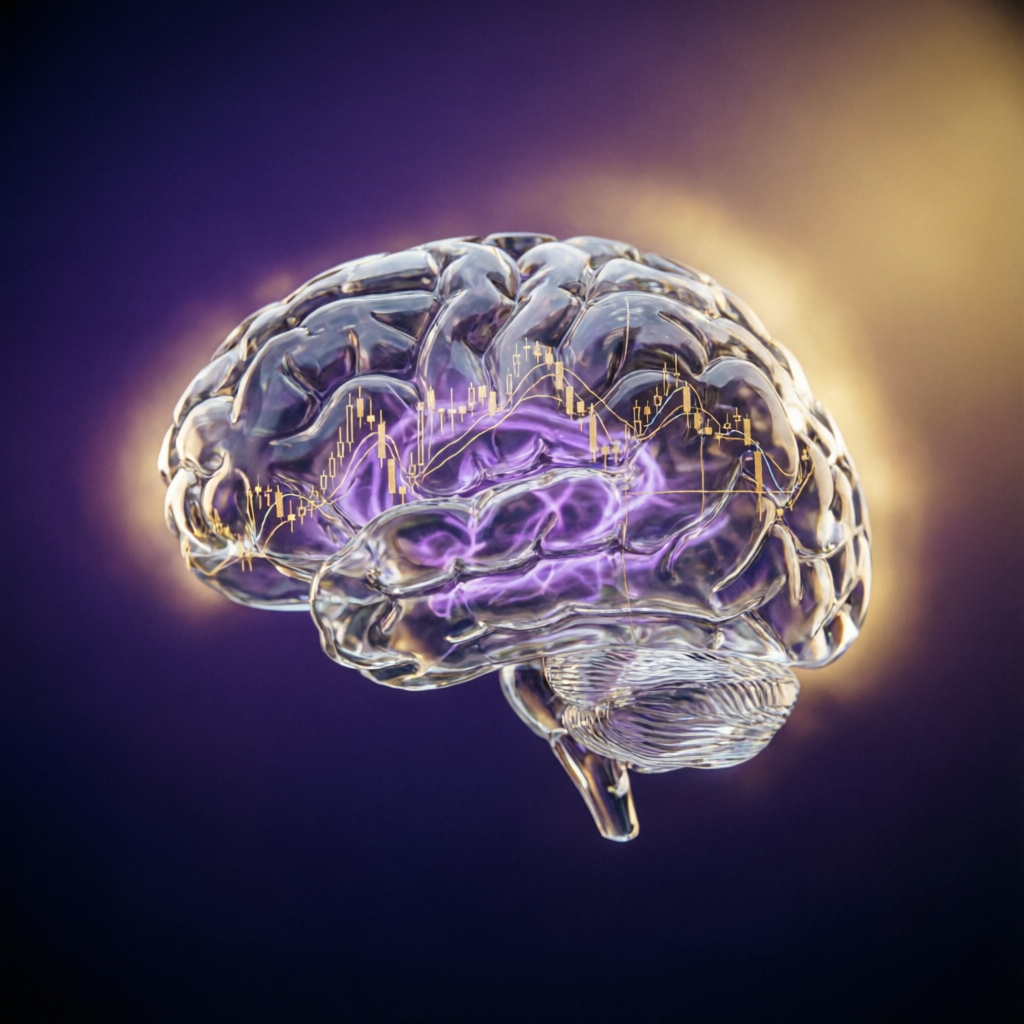 Trading psychology and risk management concept with brain visualization