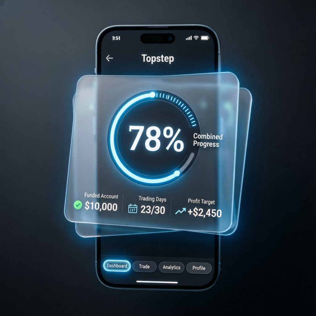 Mobile trading app showing Topstep combine progress dashboard
