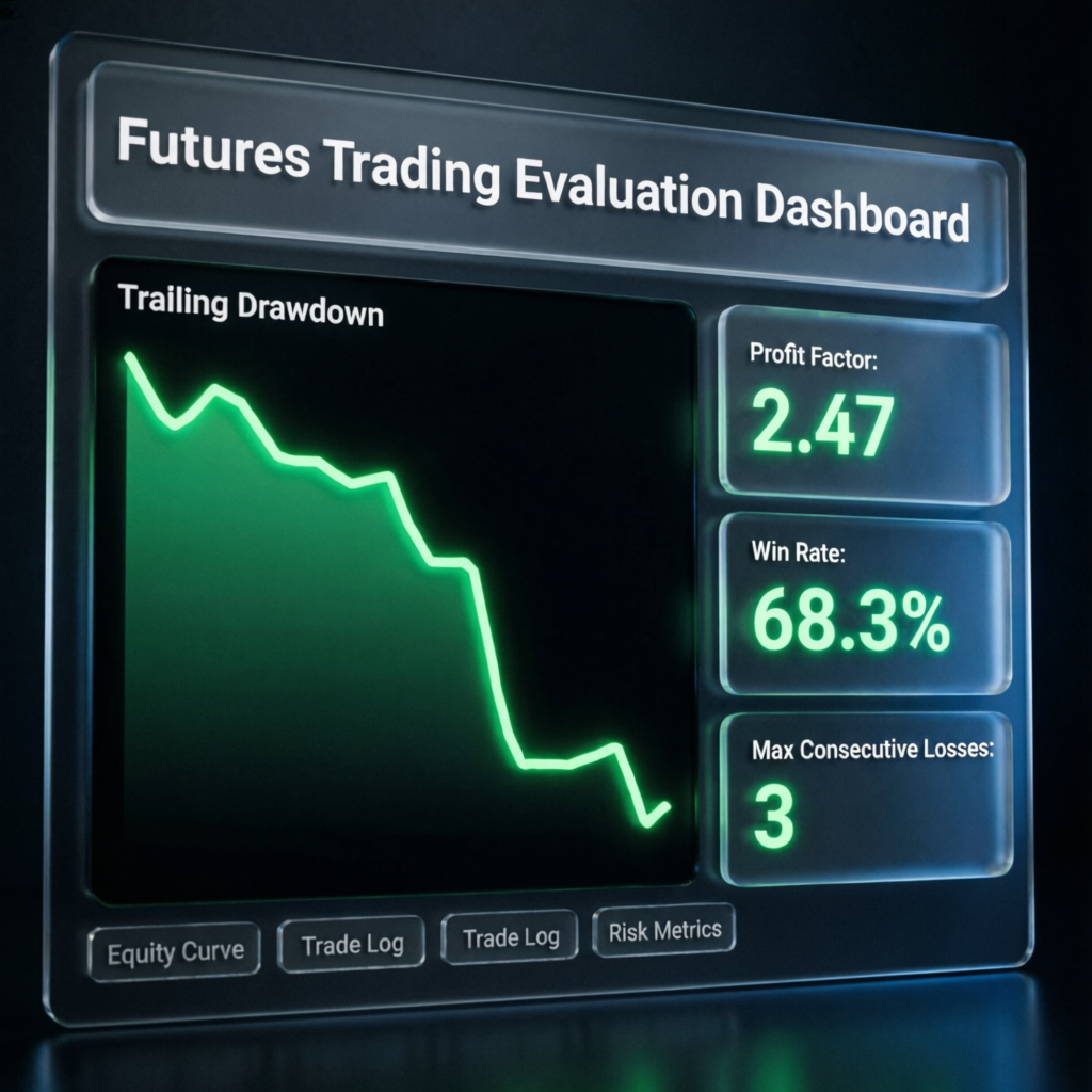 Futures Trading Evaluation Dashboard showing trailing drawdown and profit metrics