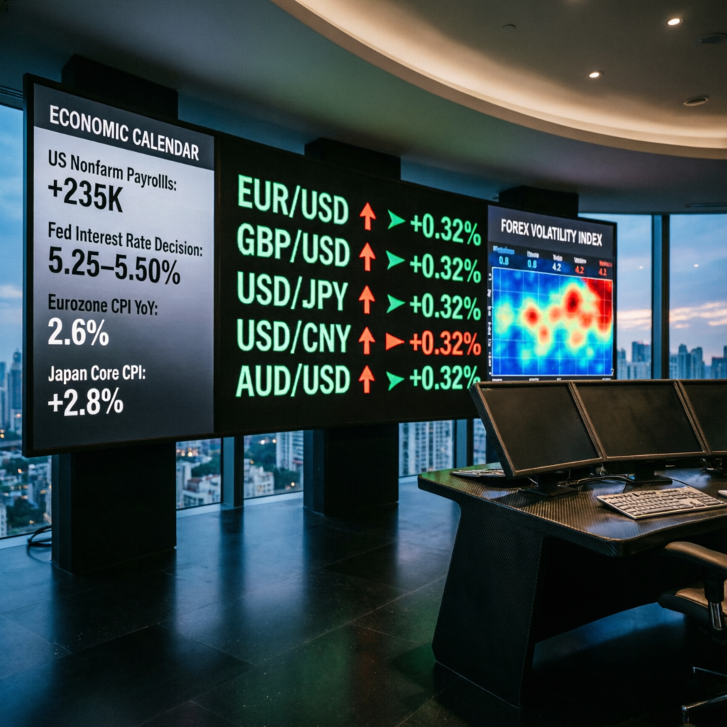 Market analysis with multiple screens showing economic calendar and forex data